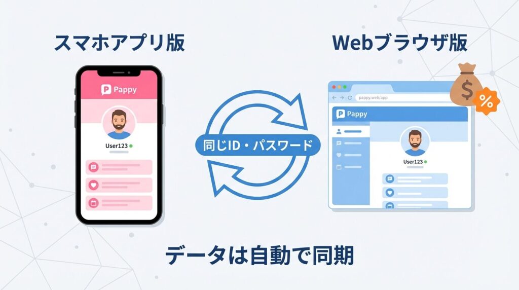 Pappyのアカウント連携の仕組み図。アプリで登録したメールアドレスとパスワードを使って、Webブラウザ版にログインしデータを同期するイメージ。