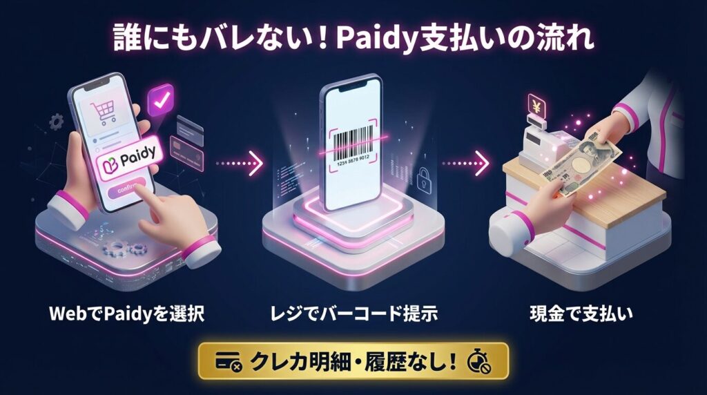 Pappy（パピー）の料金をPaidy（あと払い）でコンビニ決済する3ステップの図解。スマホでの選択から、レジでのバーコード提示、現金払いまでの流れにより、明細に履歴を残さない方法。