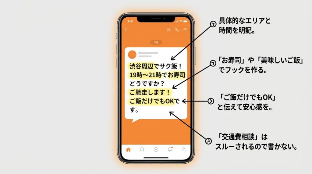 Pappyの募集機能で反応率を上げるためのテンプレート解説図。場所、時間、メリット、ハードル下げの4要素を含める書き方。