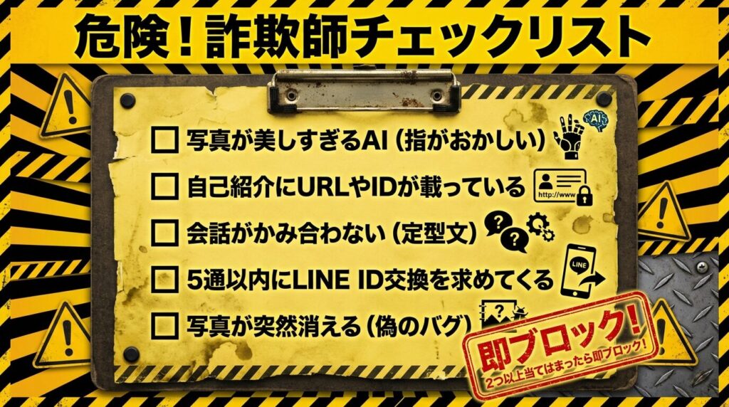 Pappyに潜む業者や地雷ユーザーを見分けるためのチェックリスト画像。写真、プロフィール、メッセージの特徴をまとめた図。