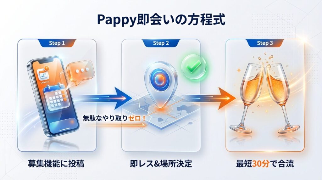 Pappyの「募集機能」を使ってからデートで合流するまでの3ステップフローチャート。最短30分で完了するスピード感を可視化。