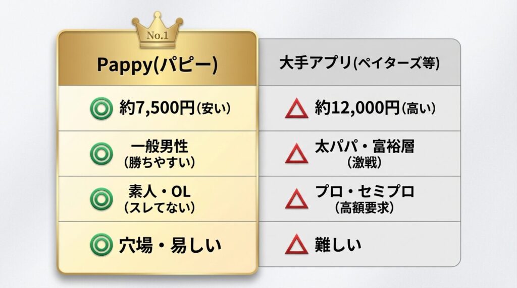 Pappy、Paters、Paddyの3社比較表。料金の安さ、ライバルの弱さ、即会いのしやすさでPappyが優位であることを示す図。