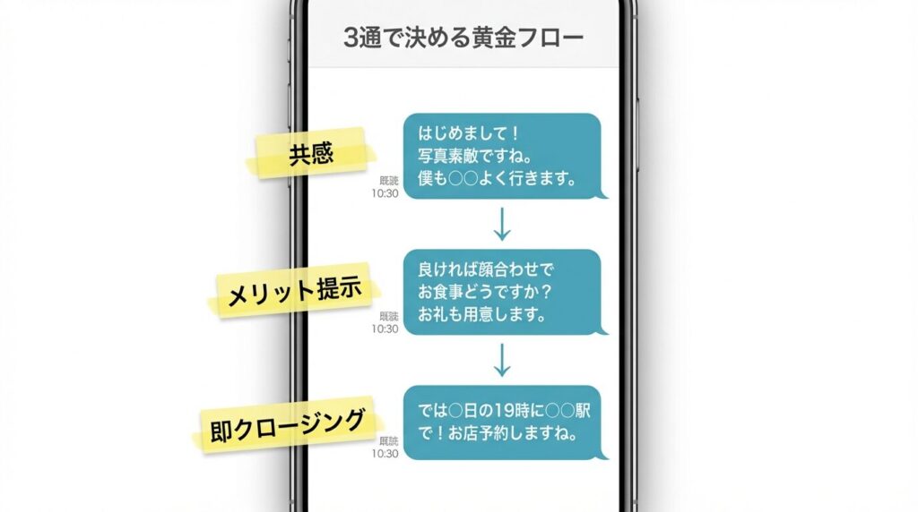 Pappyでデートを確定させるまでのメッセージ3通のフロー図。挨拶、打診、クロージングの流れを解説。