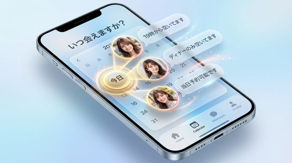 Pappyのカレンダー機能（会いたい機能）のイメージ。今日会える女性が一覧表示され、即日デートが可能であることを示す図。