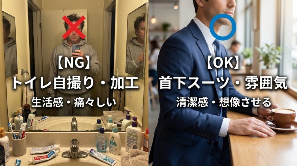 Pappyプロフィール写真のOK例とNG例の比較。顔出しなしのスーツ姿は好印象、トイレ自撮りは不快感を与える。