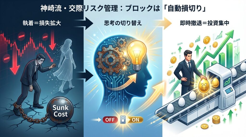 交際リスク管理の視点に基づき、マッチングアプリでのブロックを「執着による損失」から「損切りによる投資集中」へとポジティブに捉え直すためのマインドセット概念図。