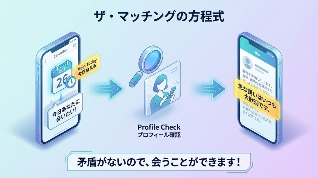 Pappyの「会いたい機能」とプロフィールの整合性を示すフロー図。カレンダー募集とプロフィールの記載内容が一致することでマッチングする仕組み。
