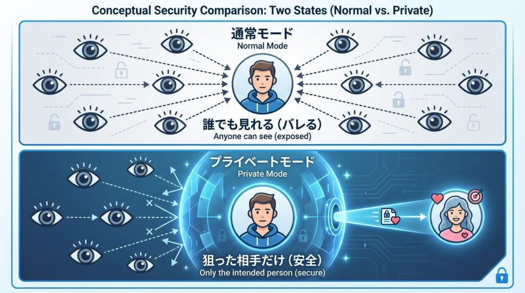Pappyプライベートモードの視認範囲の比較図。通常モードは不特定多数に公開されるが、プライベートモードは自分がいいねした相手のみに表示される。