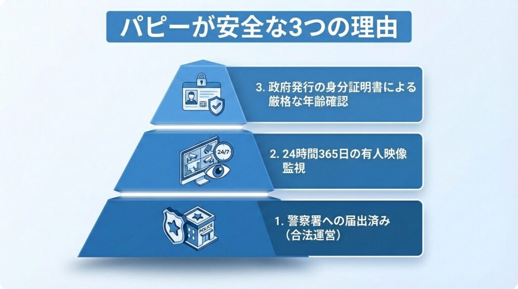 Pappy（パピー）の安全性を支える3つの柱。警察届出、有人監視、本人確認の仕組み図。