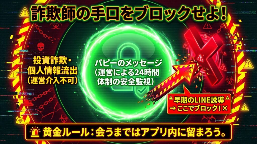 パパ活アプリでの業者によるLINE誘導と詐欺の仕組み。安全圏内でやり取りを完結させる図解。