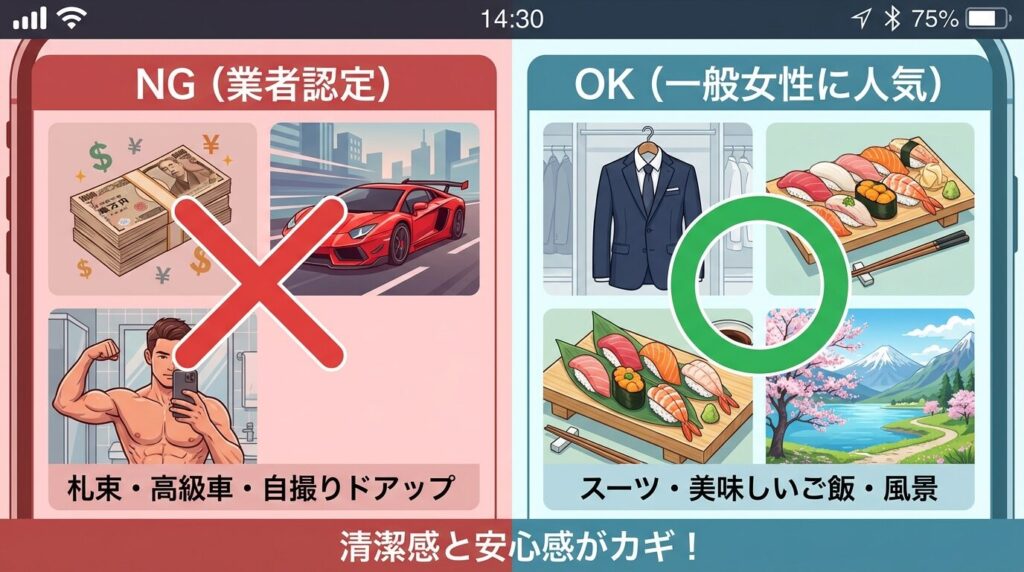 Pappy(パピー)でモテるプロフィール写真とNG写真の比較例。スーツと食事の写真が推奨