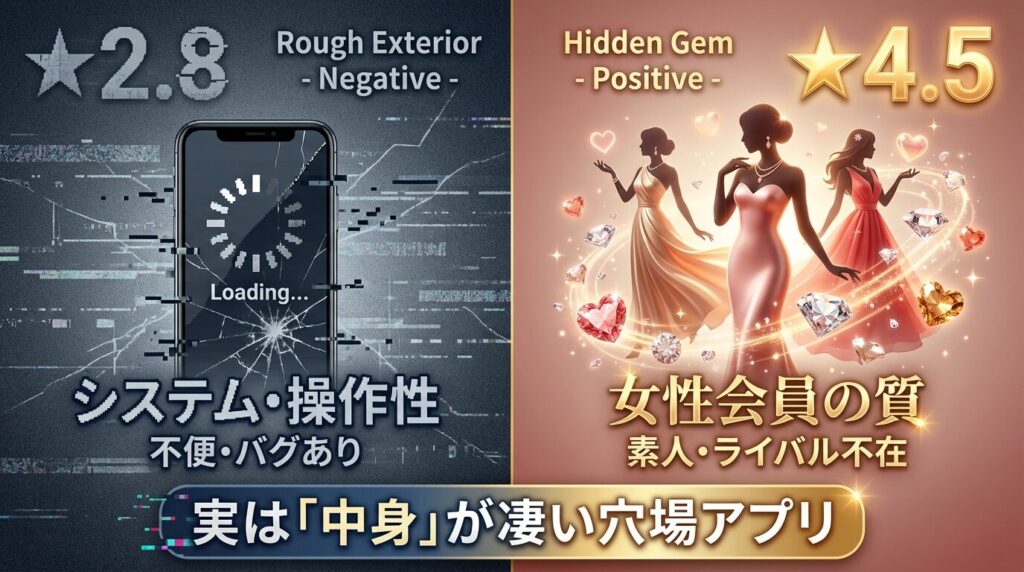 Pappy(パピー)の評価分析図。アプリの使い勝手は★2.8と低いが、出会える女性の質は★4.5と高いギャップを表す比較