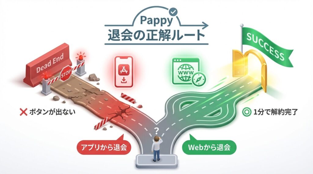 Pappy(パピー)の退会方法分岐図。アプリからの手続きは行き止まりだが、Webブラウザ経由なら安全に解約できるフロー