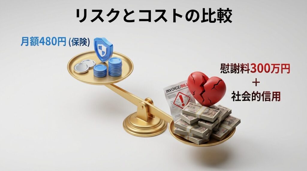 Pappyのプライベートモード料金480円と、パパ活バレによる慰謝料300万円のリスクを比較した天秤のイラスト。