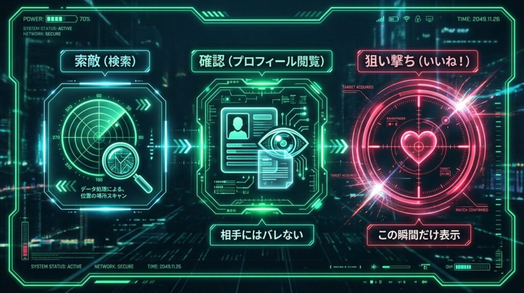 Pappyプライベートモードを使ったスナイパーアプローチのマッチング手順。索敵から狙い撃ちいいねまでの流れを図解。