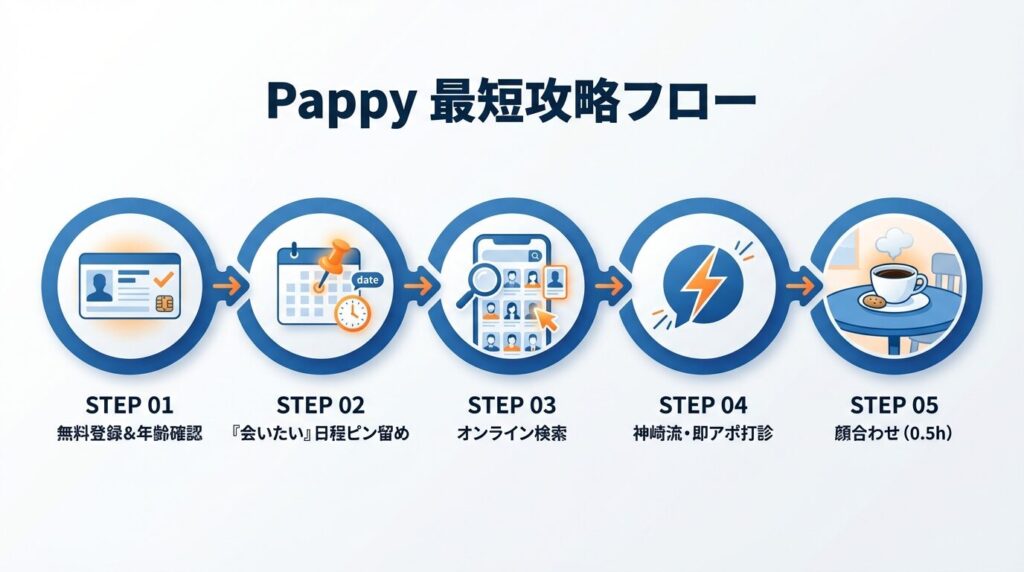 Pappy（パピー）の使い方5ステップ図解。登録から会いたい機能、オンライン検索、即レスメッセージを経て顔合わせに至るまでの最短フロー。