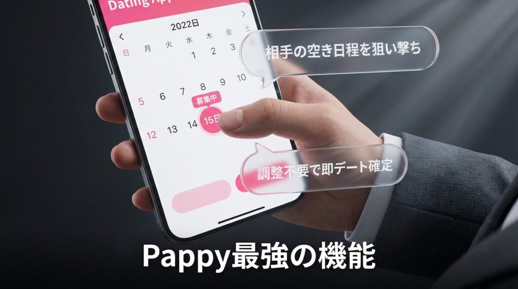 Pappy（パピー）の「会える日付から探す」機能のイメージ。カレンダー上で女性の空き日程を確認し、ピンポイントでデートを提案する様子。