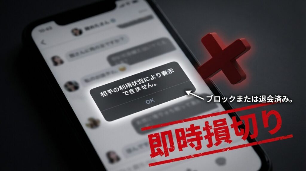 Pappy（パピー）のメッセージ画面で「お相手のご利用状況により表示できません」というエラーが表示されている図。ブロックまたは退会を示唆。