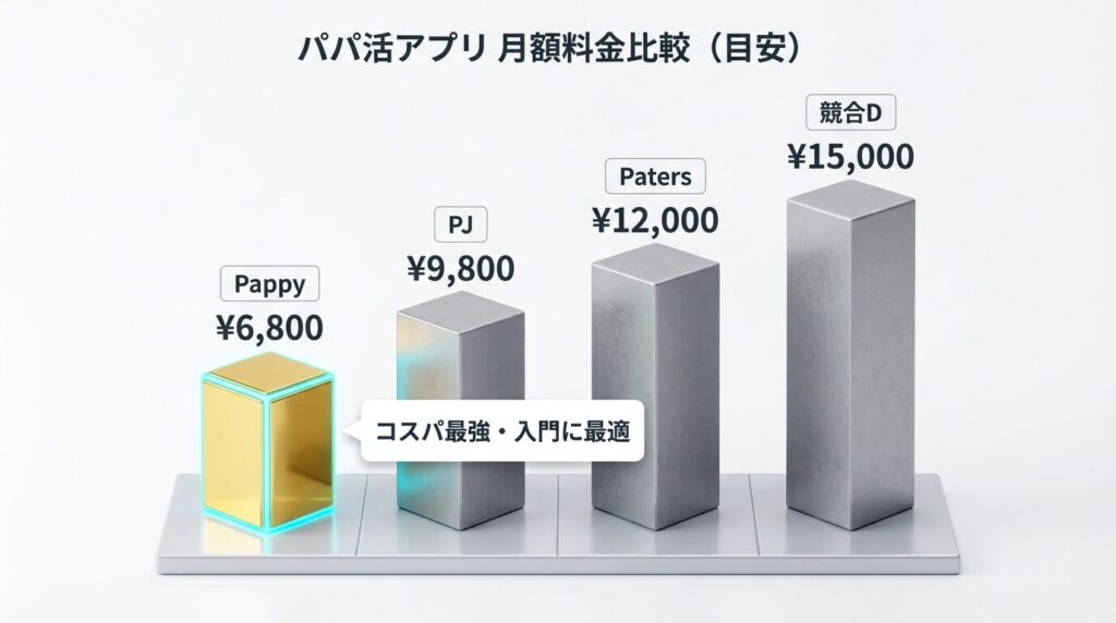 Pappy（パピー）とPaters、PJ、シュガーダディーの月額料金比較グラフ。Pappyが6,800円と最もコスパが良いことを示す棒グラフ。