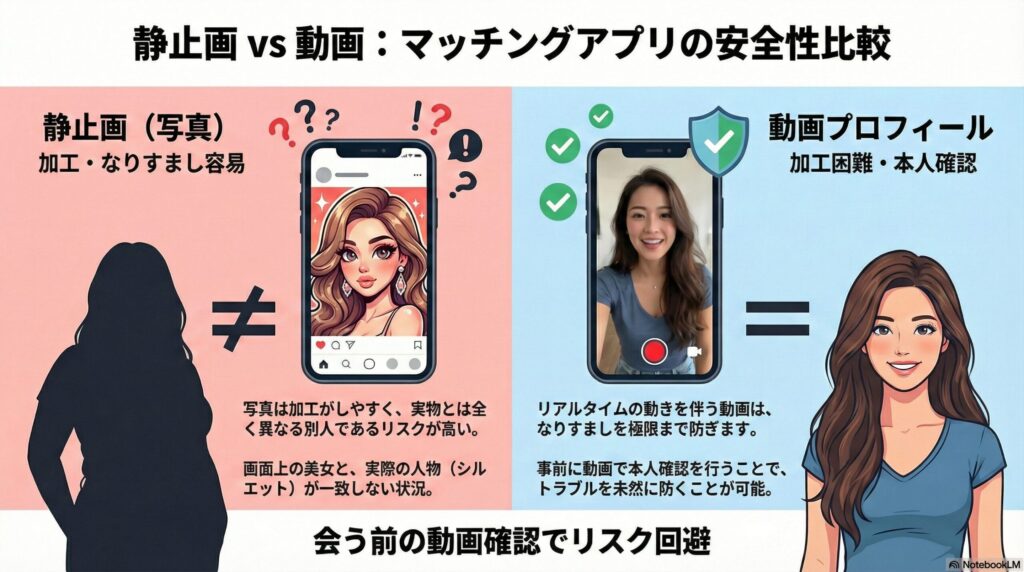 パパ活アプリにおける写真と動画の信頼性比較図。加工容易な静止画はリスクが高く、加工困難な動画プロフィールは安全性が高いことを示す天秤のイラスト。
