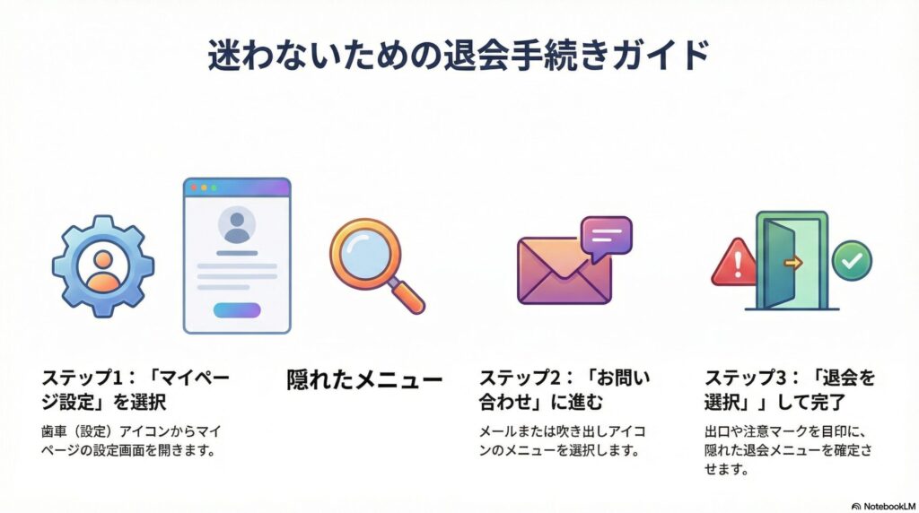 PJの退会申請フォームへ辿り着くための操作手順。マイページの設定からお問い合わせを経由して退会を選択する流れ。