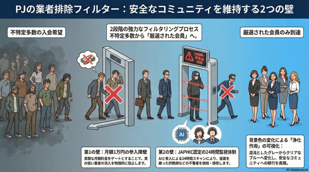 PJアプリの業者対策とセキュリティ監視体制の仕組み図解。高額な月額料金と厳格な監視体制が二重のフィルターとなり、業者をブロックしている構造。