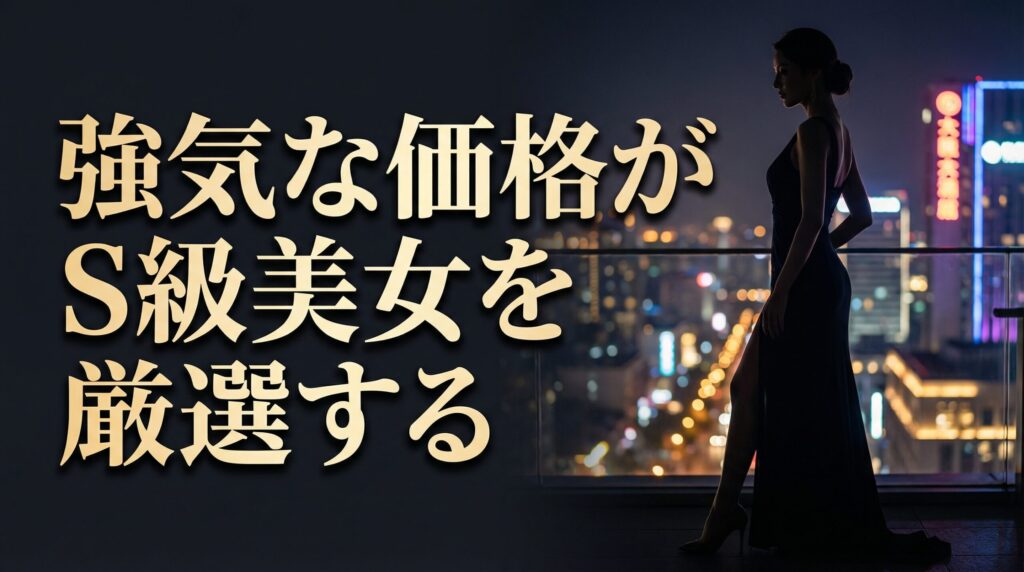 夜景を背景にしたエレガントな女性のシルエット画像。「強気な価格がS級美女を厳選する」と記載されている