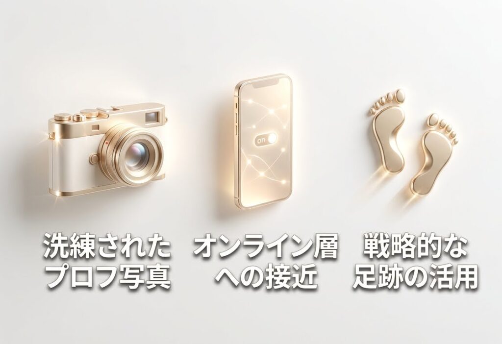 マッチング数を伸ばす3つのアクションを図解。プロフィール写真の設定、オンラインユーザーへのアプローチ、戦略的な足跡の活用を示している。