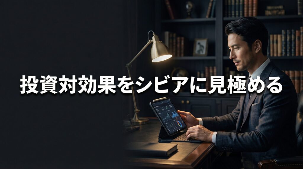 高級な書斎でタブレットを見つめる男性の画像。「投資対効果をシビアに見極める」と記載されている。