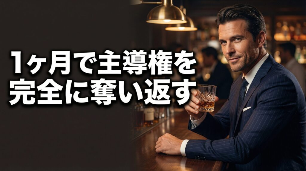 高級バーでグラスを持つ男性のシネマティックな画像。「1ヶ月で主導権を完全に奪い返す」と記載されている。