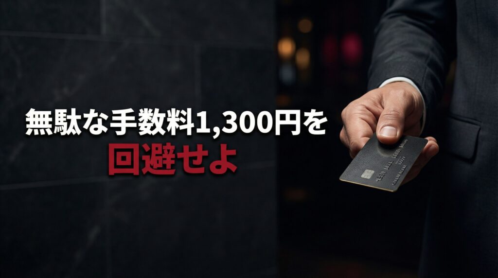 黒いクレジットカードを持つ男性の手元画像。「無駄な手数料1,300円を回避せよ」と記載されている。