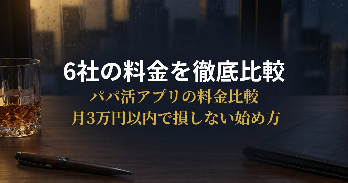 パパ活アプリ6社の料金を比較するスマートフォン画面を確認する30代男性