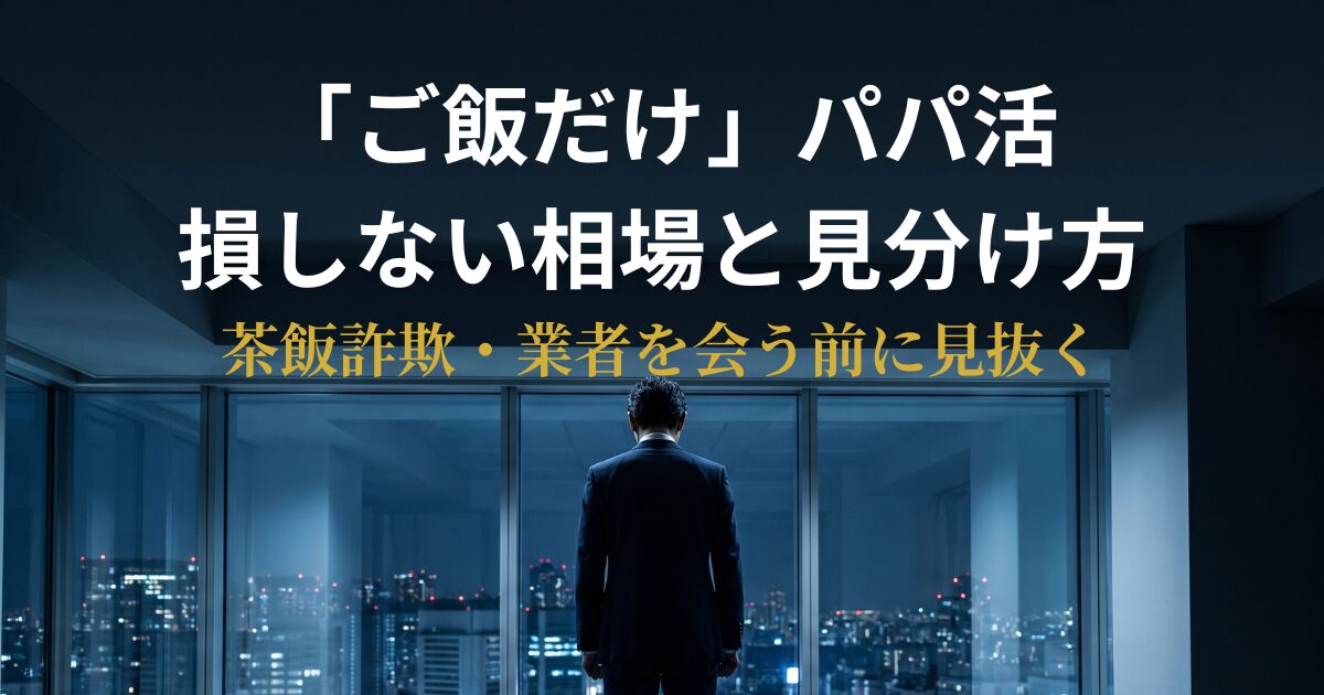 パパ活ご飯だけの相場と茶飯詐欺の見分け方を解説するアイキャッチ