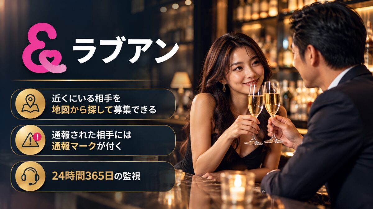 ラブアンの紹介画像：近くにいる相手を地図から探して募集できる。通報された相手には通報マークが付く。24時間365日の監視