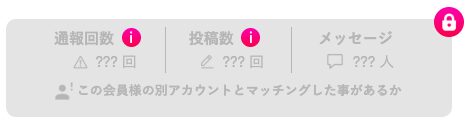 ラブアンでプラチナ会員でないときの相手のプロフィール。通報回数・投稿数・メッセージ人数が???回で伏せられ、鍵の印が付いている
