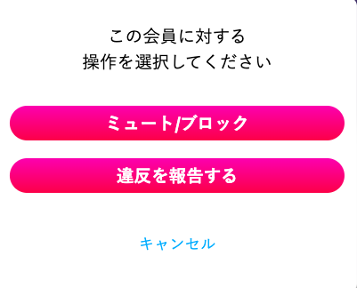 ラブアンで相手の会員への操作を選ぶ画面。ミュート/ブロックと違反を報告するのボタンが並ぶ