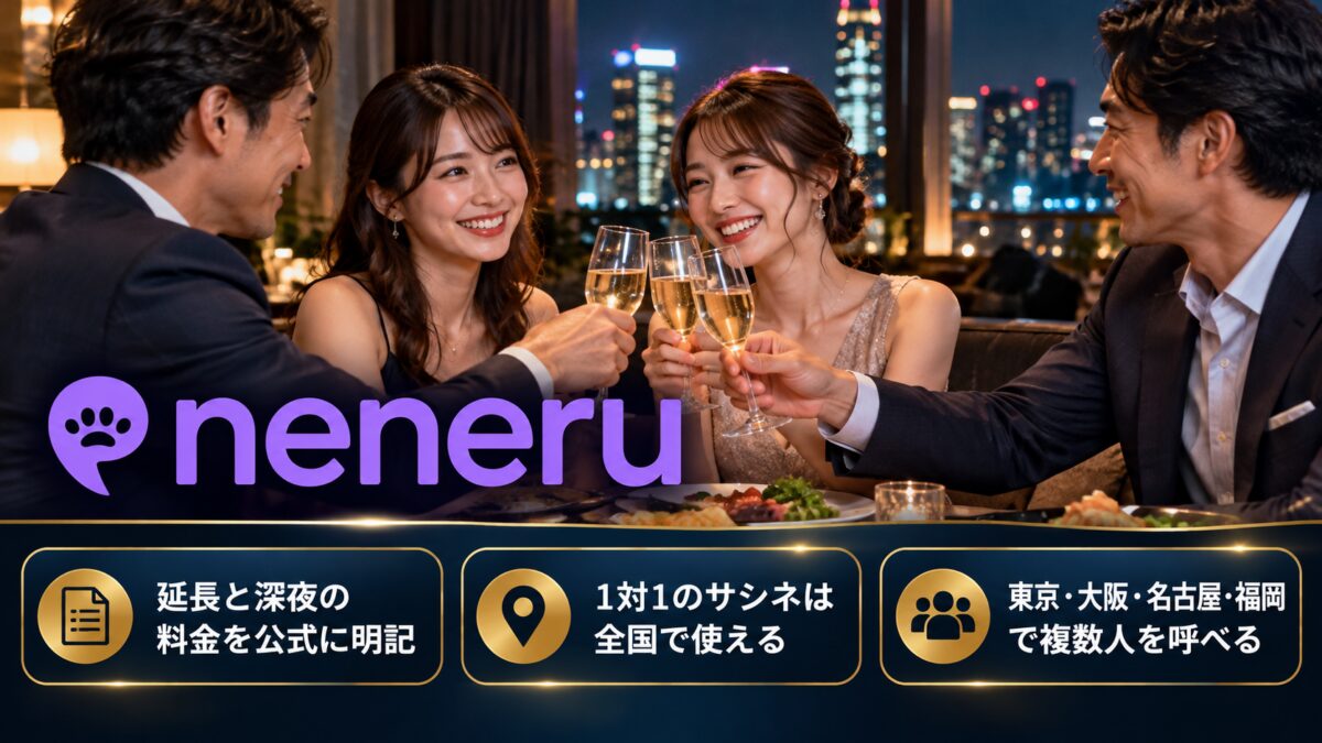 neneruの紹介画像：延長と深夜の料金を公式に明記。1対1のサシネは全国で使える。東京・大阪・名古屋・福岡で複数人を呼べる