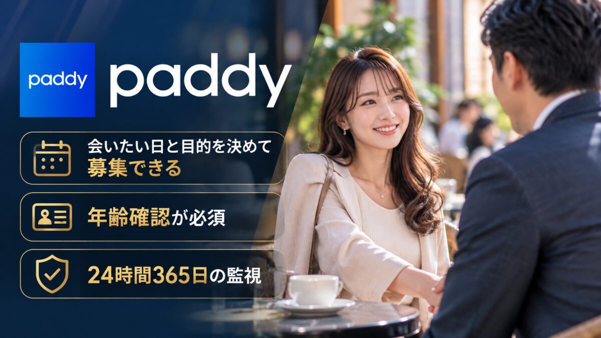 paddyの紹介画像：会いたい日と目的を決めて募集できる。年齢確認が必須。24時間365日の監視