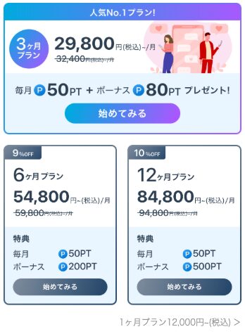 paddyの料金プランの画面。3ヶ月29,800円、6ヶ月54,800円、12ヶ月84,800円と、プランごとの毎月とボーナスのポイント