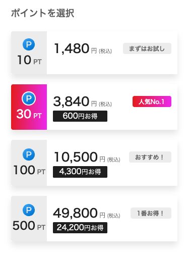 paddyのポイント購入の画面。10ポイント1,480円、30ポイント3,840円、100ポイント10,500円、500ポイント49,800円(税込)