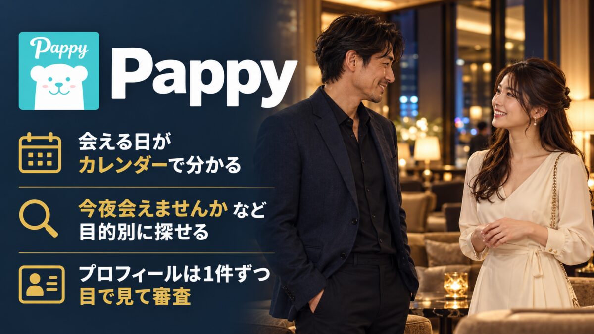 Pappyの紹介画像：会える日がカレンダーで分かる。「今夜会えませんか」など目的別に探せる。プロフィールは1件ずつ目で見て審査