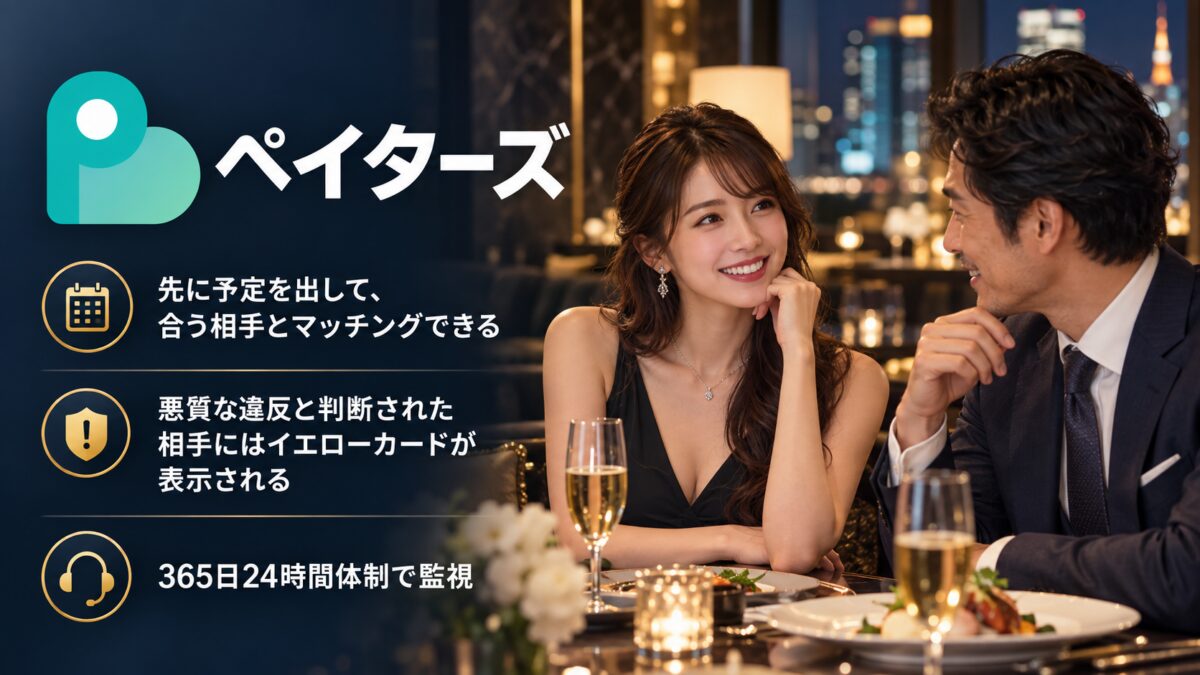 ペイターズの紹介画像：先に予定を出して、合う相手とマッチングできる。悪質な違反と判断された相手にはイエローカードが表示される。365日24時間体制で監視