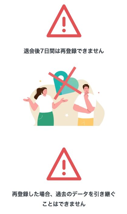 ペイターズの退会のページの注意。退会後7日間は再登録できないこと、再登録しても過去のデータは引き継げないこと