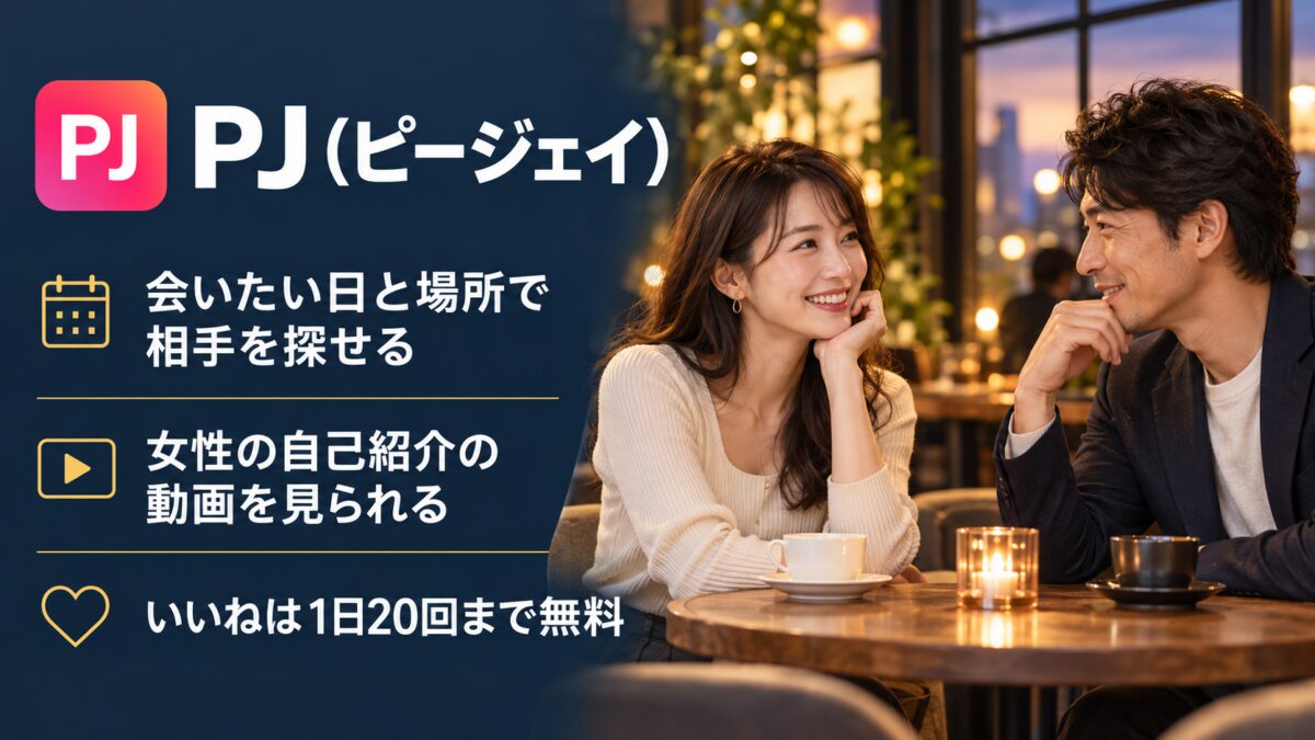 PJの紹介画像：会いたい日と場所で相手を探せる。女性の自己紹介の動画を見られる。いいねは1日20回まで無料