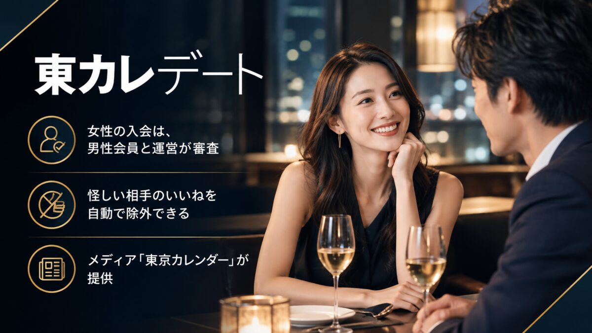 東カレデートの紹介画像：女性の入会は、男性会員と運営が審査。怪しい相手のいいねを自動で除外できる。メディア「東京カレンダー」が提供