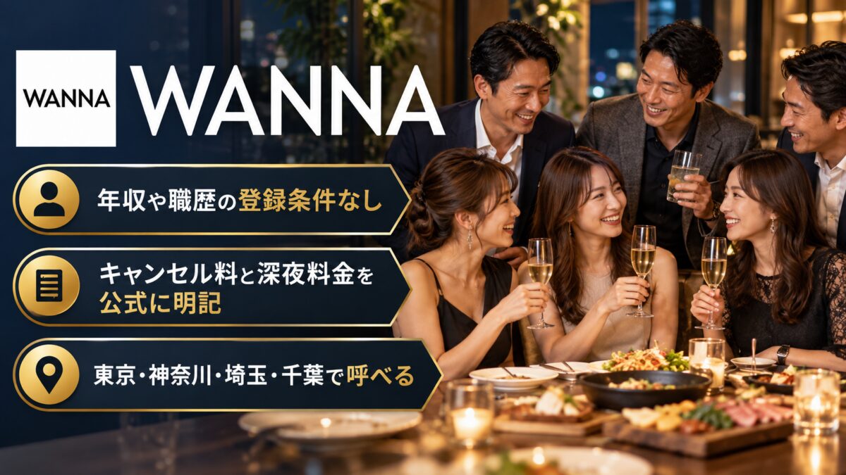 WANNAの紹介画像：年収や職歴の登録条件なし。キャンセル料と深夜料金を公式に明記。東京・神奈川・埼玉・千葉で呼べる